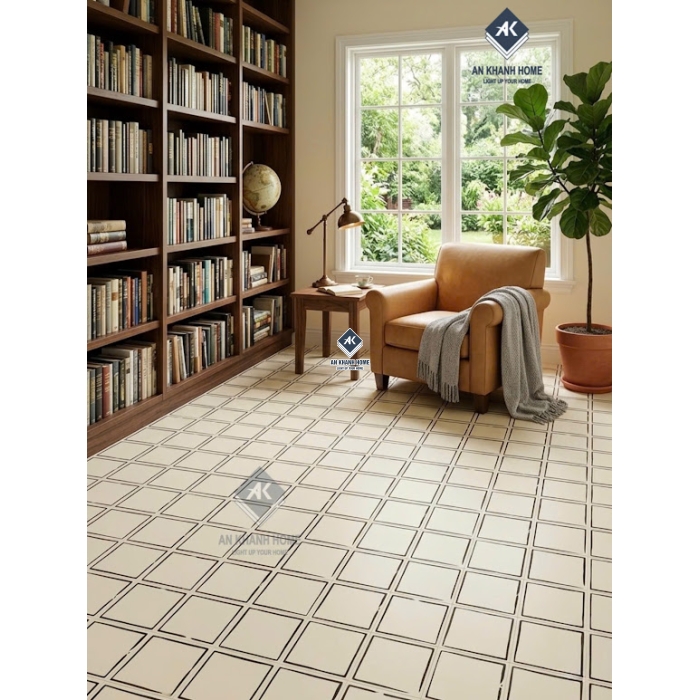 Gạch bông hoạ tiết ô vuông màu trắng kem 40x40cm