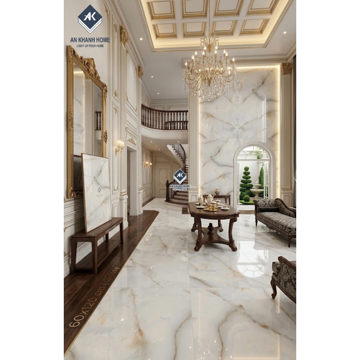 Gạch lát nền ấn độ 60x120 vân đá màu kem bóng kính