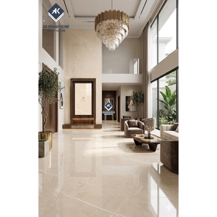 Gạch ốp lát ấn độ 60x120 bóng kính màu vàng kem vân trắng