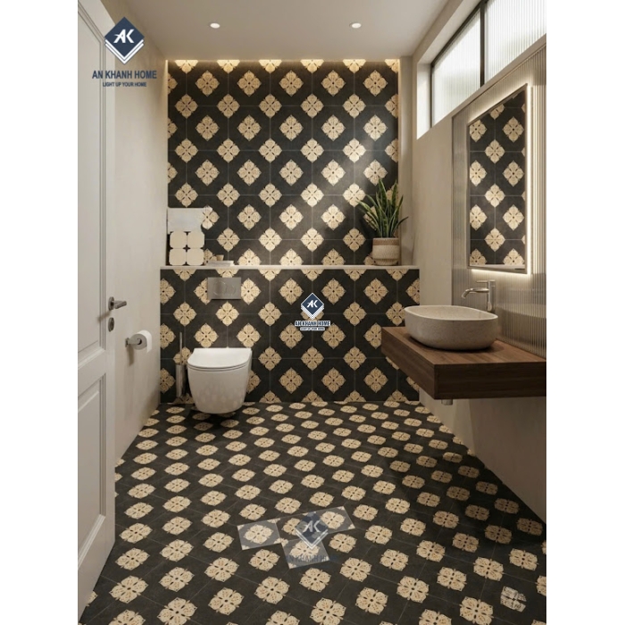 Gạch bông cổ điển 40x40 hoạ tiết đối xứng màu đen kem