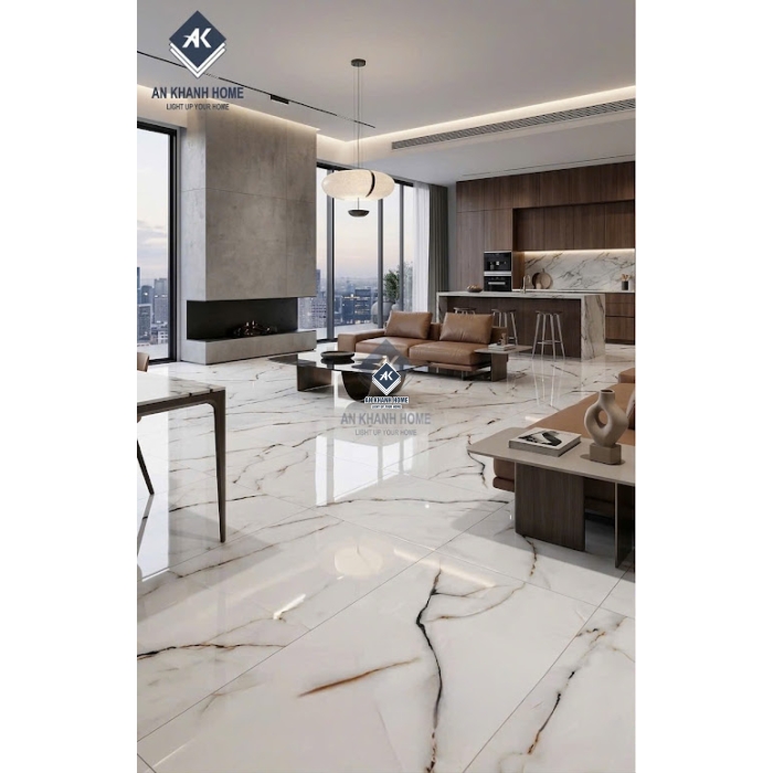 Gạch ốp lát ấn độ 60x120 trắng kem vân đá bóng kính