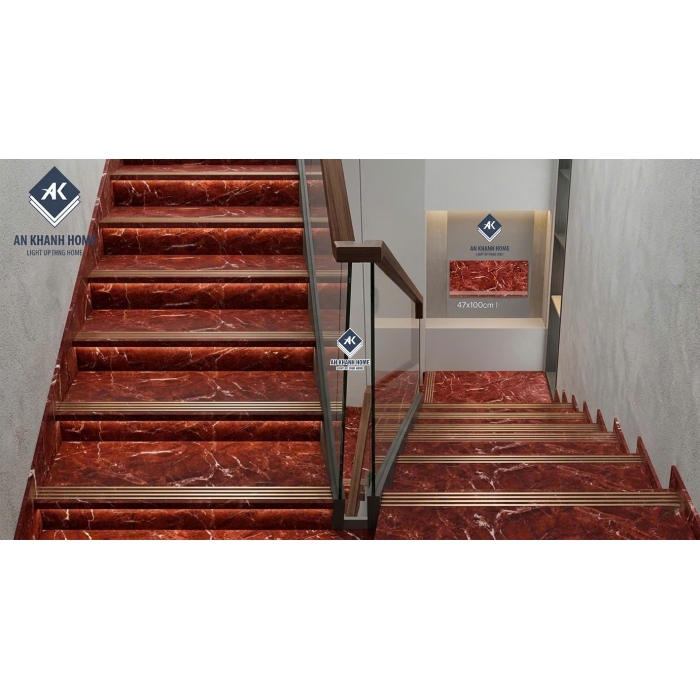 Gạch ốp lát bậc cầu thang 47x100cm đỏ vân đá trắng