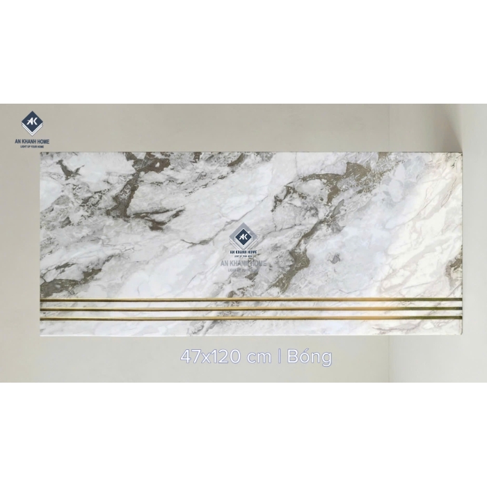 Gạch lát cầu thang 47x120 trắng vân đá marble nhũ vàng