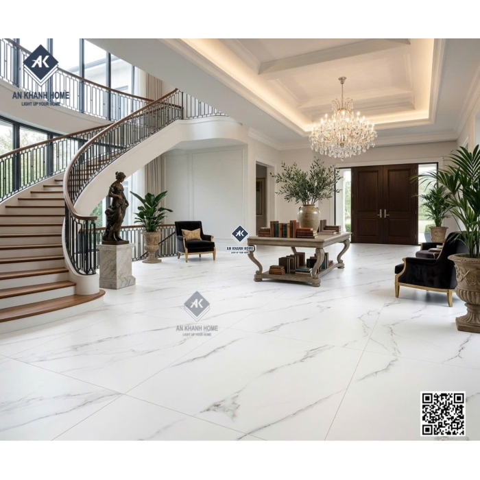 Gạch ấn độ 100x100 trắng mờ vân đá xám khói Emperald White