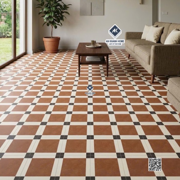 Gạch bông 30x30 cổ điển họa tiết ô vuông màu nâu nhấn kem