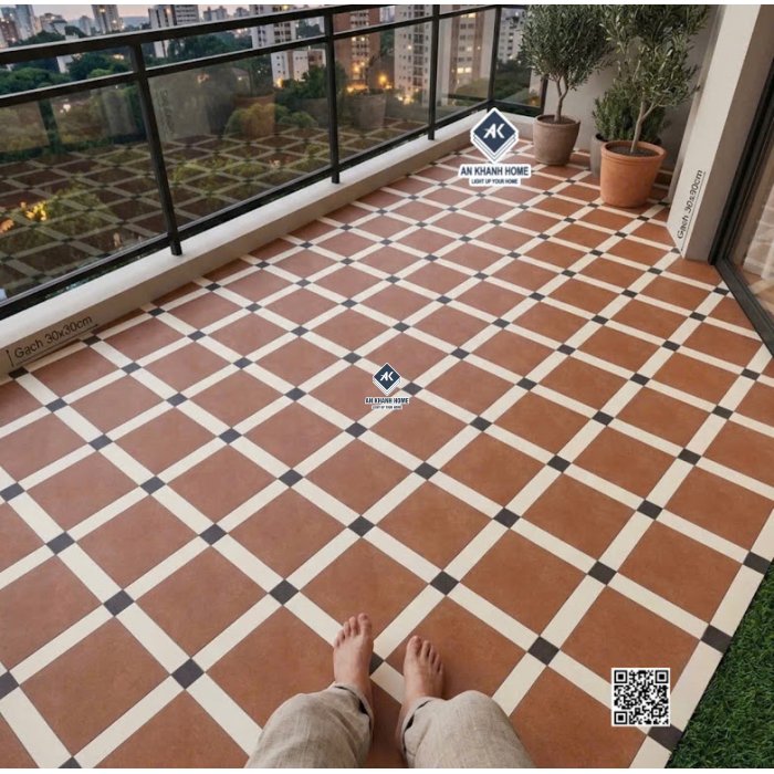 Gạch bông 30x30 cổ điển họa tiết ô vuông màu nâu nhấn kem