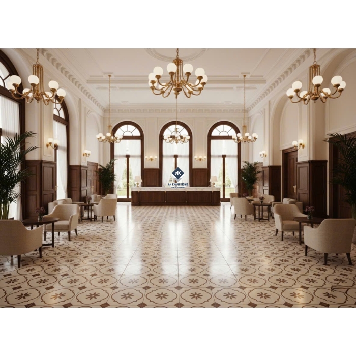 Gạch bông giả cổ 30x30 trắng kem hoạ tiết nâu be