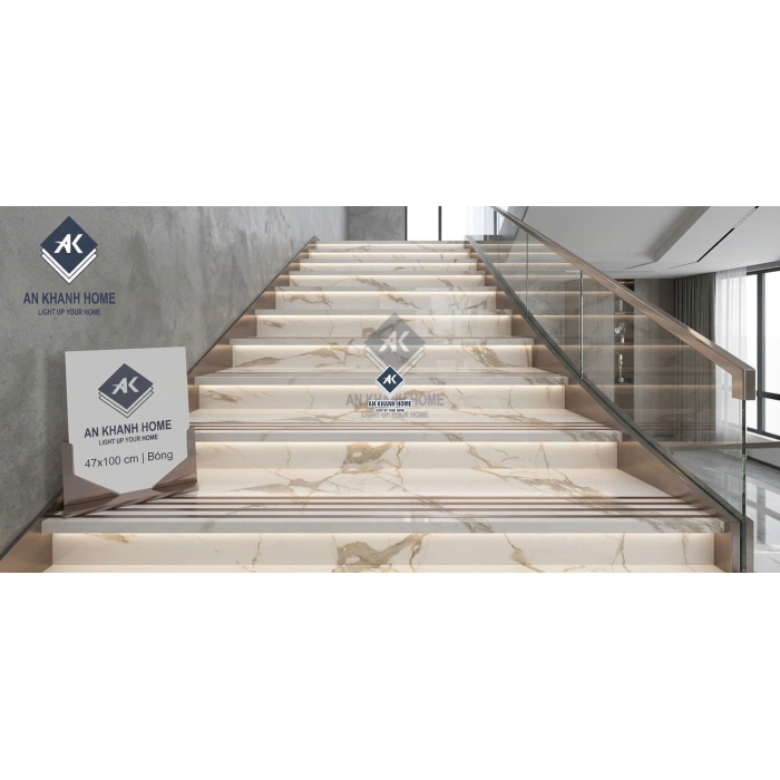 Gạch lát bậc cầu thang trắng vân đá xám vàng 47x100cm