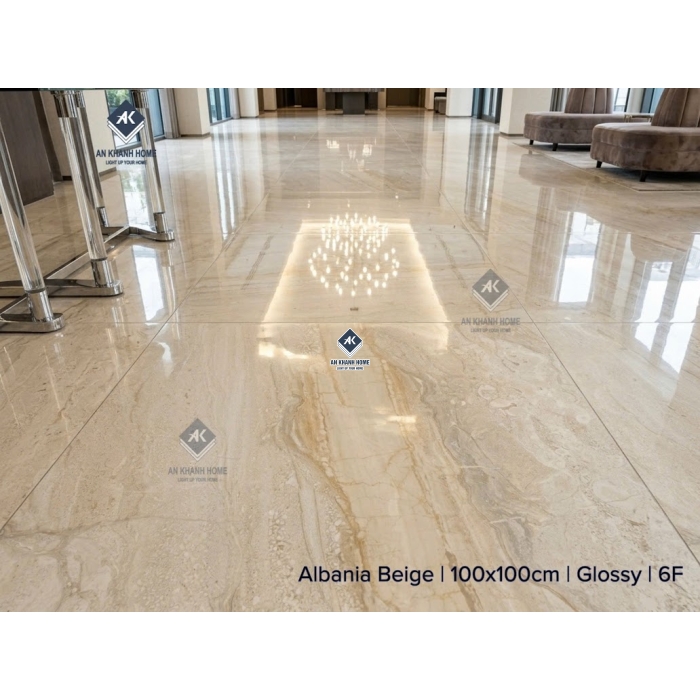Gạch ấn độ 100x100 màu vàng kem vân đá Marble Albania Beige bề mặt bóng kiếng