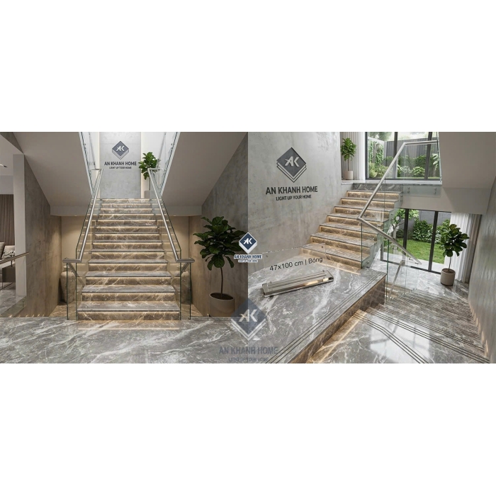 Gạch bậc cầu thang trung quốc 47x100cm vân đá Marble xám trắng