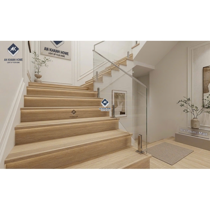 Gạch ốp lát cầu thang vân giả gỗ màu vàng 47x120 trung quốc