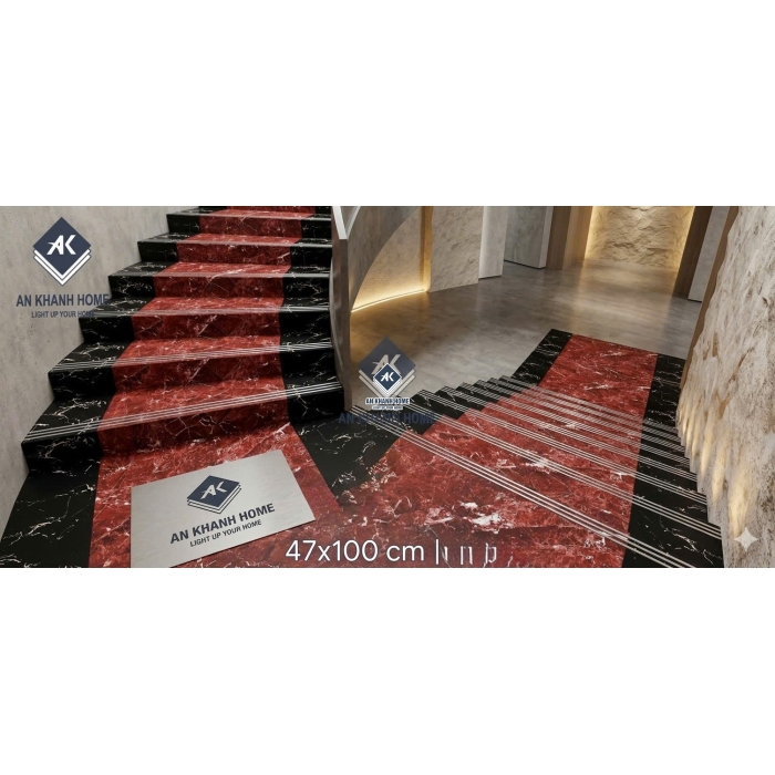 Gạch lát bậc cầu thang tam cấp 47x100cm vân đá đen đỏ phối trắng