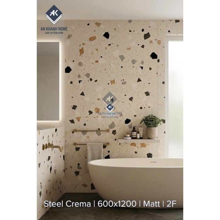  Gạch Terrazo đá mài 60x120 Steel Crema mờ màu kem sáng
