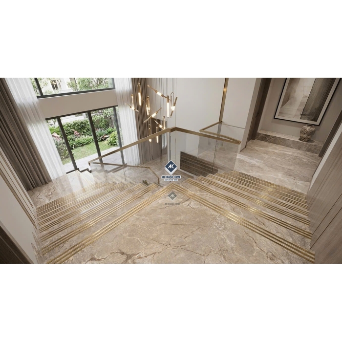 Gạch lát cầu thang 47x120 màu nâu vân đá khắc kim nhũ vàng