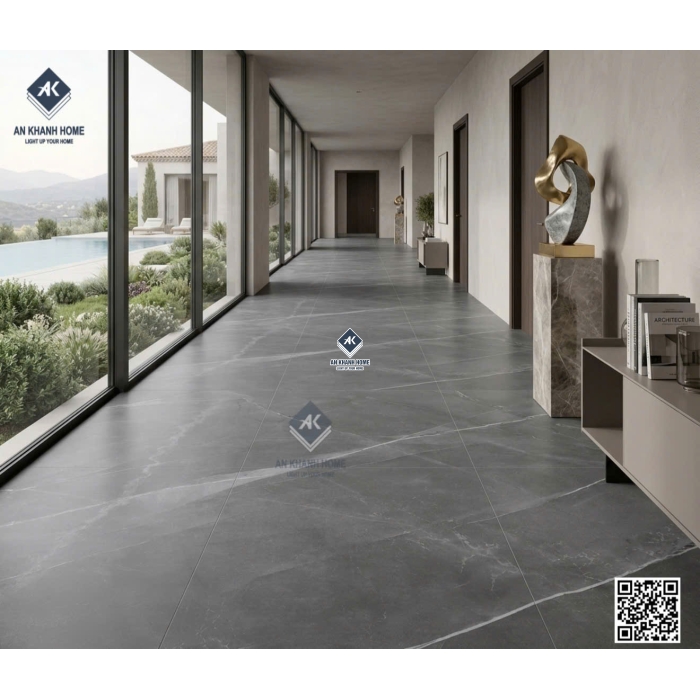 Gạch lát nền ấn độ 100x100 Armani Grey đá mờ Marble xám đậm vân trắng