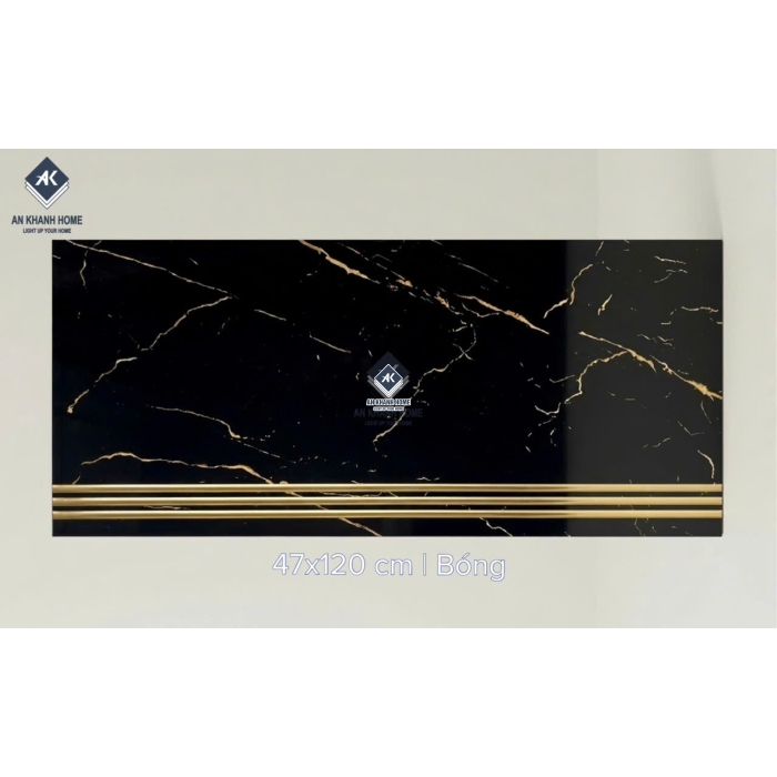 Gạch cầu thang 47x120 đen vân vàng trắng tia chớp khắc kim nhũ vàng