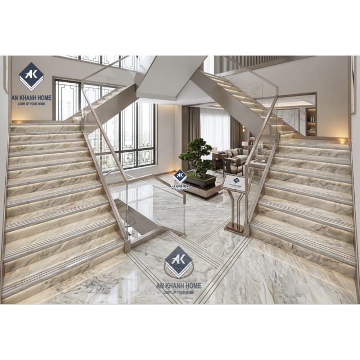 Gạch lát bậc cầu thang 47x100cm vân đá xám bóng kiếng chống trơn