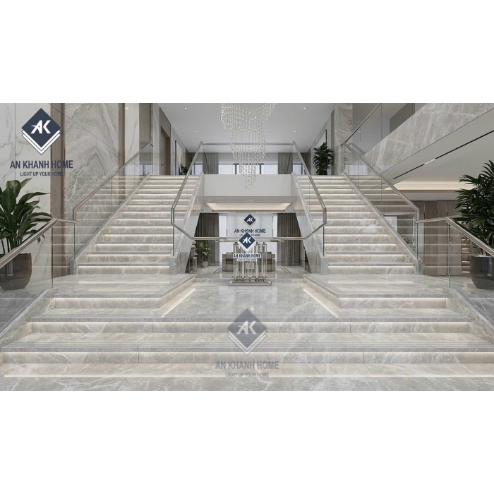 Gạch ốp lát cầu thang 47x100cm xám vân đá bề mặt bóng