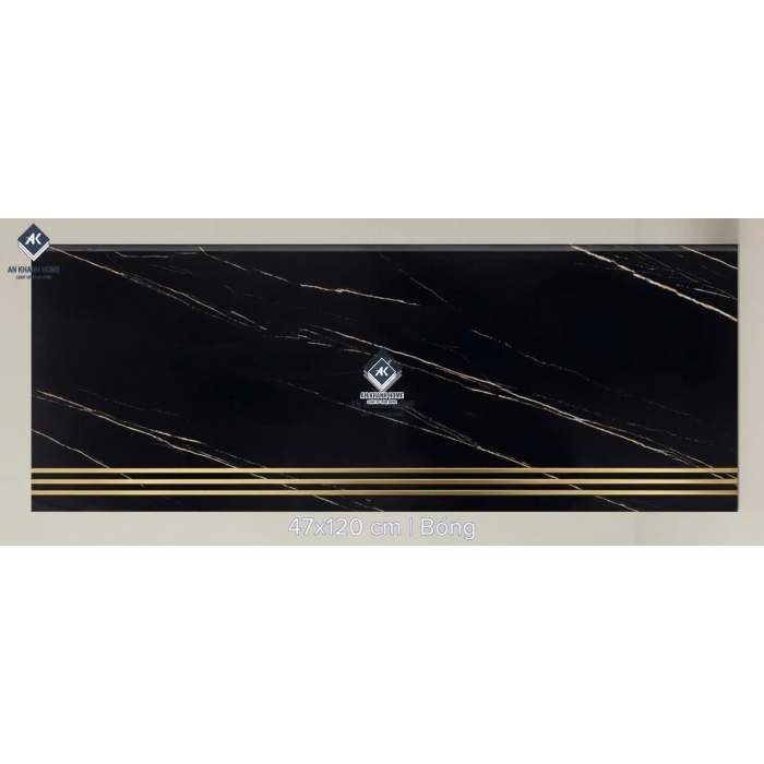Gạch cầu thang 47x120 bề mặt màu đen khắc kim nhũ vàng