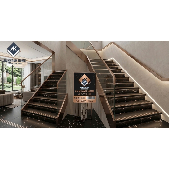 Gạch lát bậc cầu thang tam cấp 47x100cm đen vân vàng cam