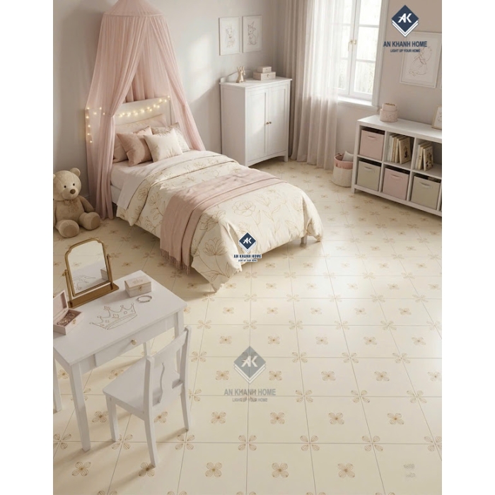 Gạch bông men 40x40 màu kem nhạt hoạ tiết tối giản