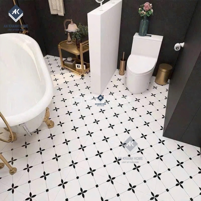 Gạch bông 40x40 màu trắng kem hoạ tiết đen đối xứng