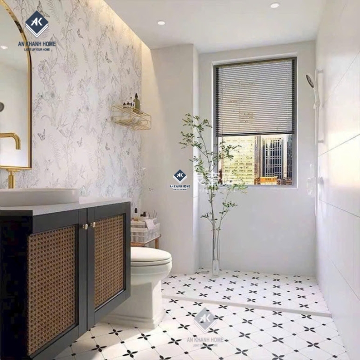 Gạch bông 40x40 màu trắng kem hoạ tiết đen đối xứng