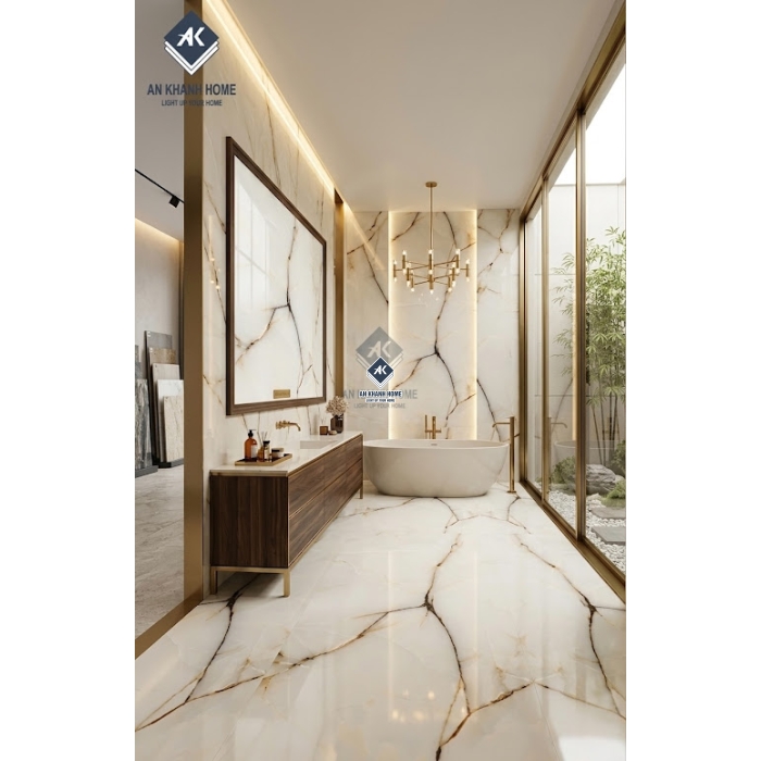 Gạch ốp lát ấn độ 60x120 màu kem vân đá nâu rạn bóng kính