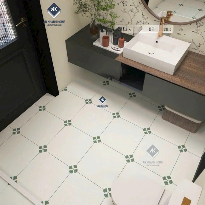 Gạch bông trung quốc 40x40 trắng kem hoa văn xanh lá