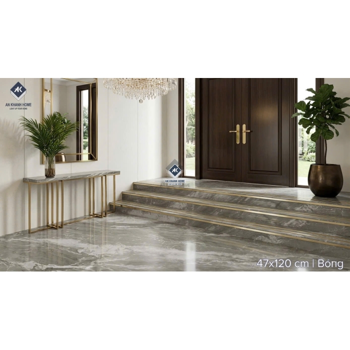 Gạch ốp lát cầu thang xám vân đá khắc kim nhũ vàng 47x120cm