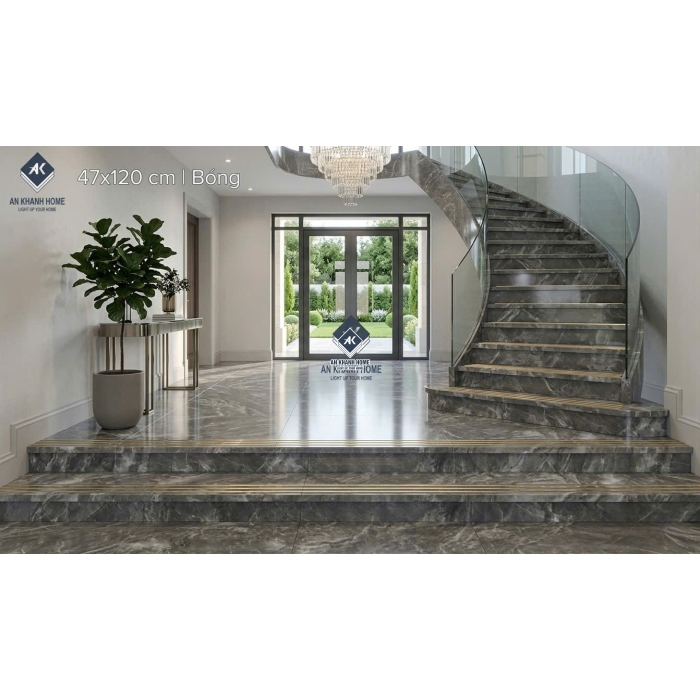 Gạch cầu thang 47x120 bề mặt khắc kim đá marble xám đậm