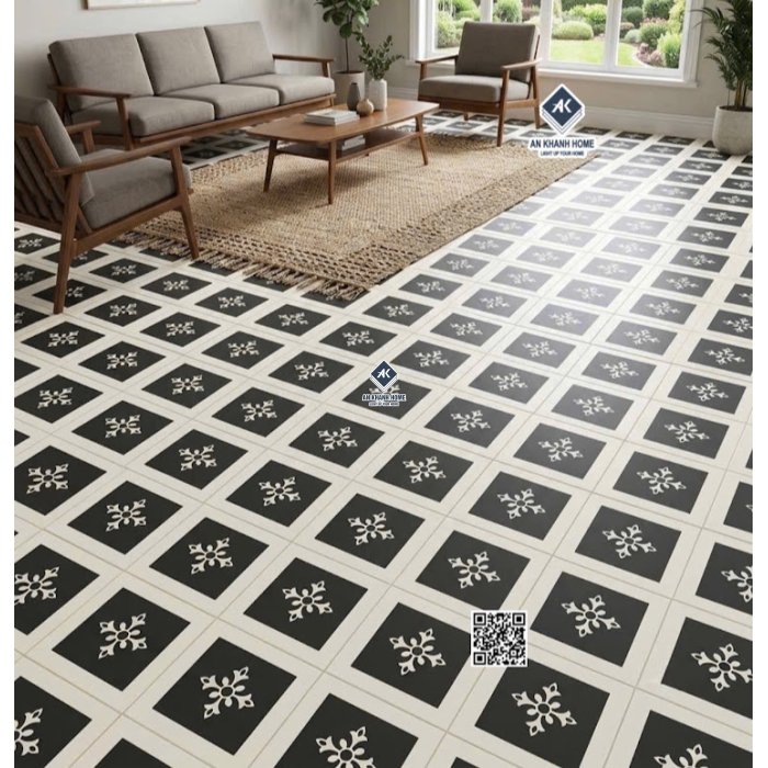 Gạch bông trang trí 30x30 hình vuông đen nhấn trắng hoa thị