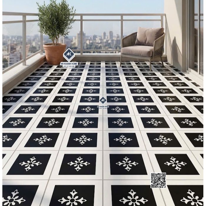 Gạch bông trang trí 30x30 hình vuông đen nhấn trắng hoa thị
