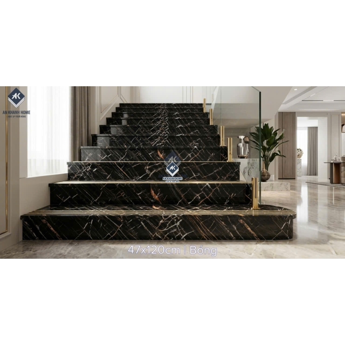 Gạch lát cầu thang đen vân đá nhũ vàng khắc kim 47x120cm