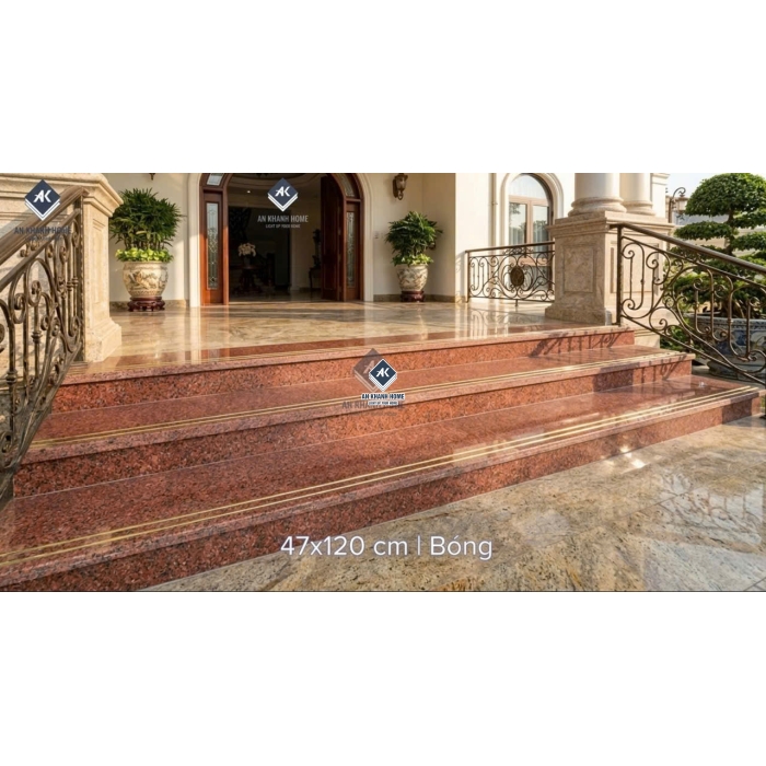Gạch ốp lát cầu thang 47x120 mè đỏ giả đá hoa cương nhũ vàng