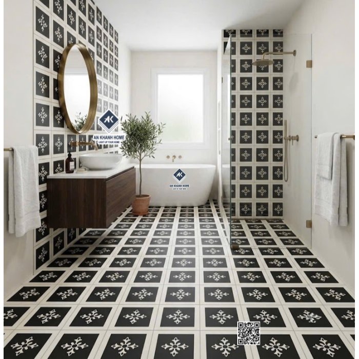 Gạch bông trang trí 30x30 hình vuông đen nhấn trắng hoa thị