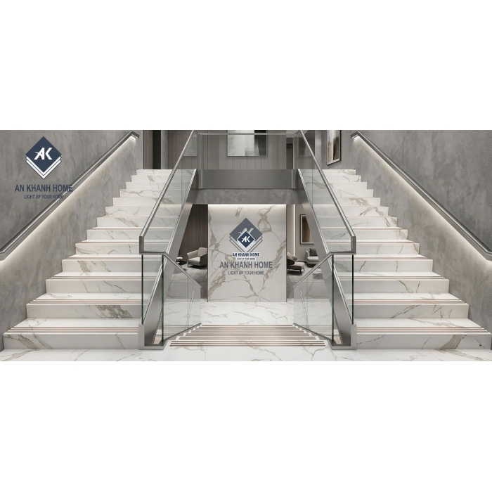 Gạch lát bậc cầu thang trắng vân đá xám vàng 47x100cm