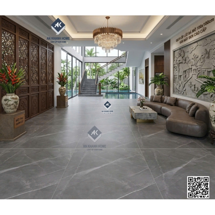 Gạch lát nền ấn độ 100x100 Armani Grey đá mờ Marble xám đậm vân trắng