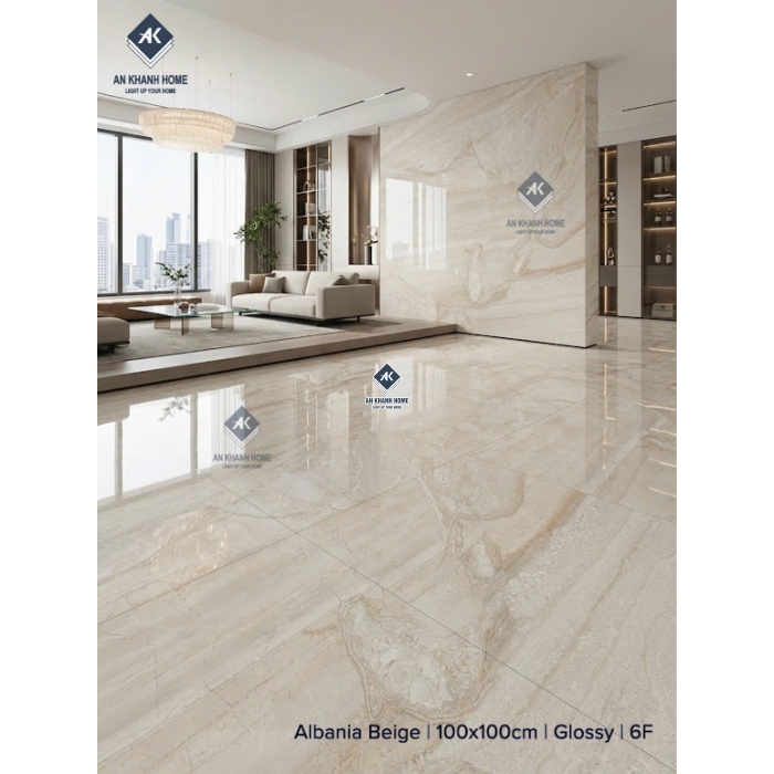 Gạch ấn độ 100x100 màu vàng kem vân đá Marble Albania Beige bề mặt bóng kiếng