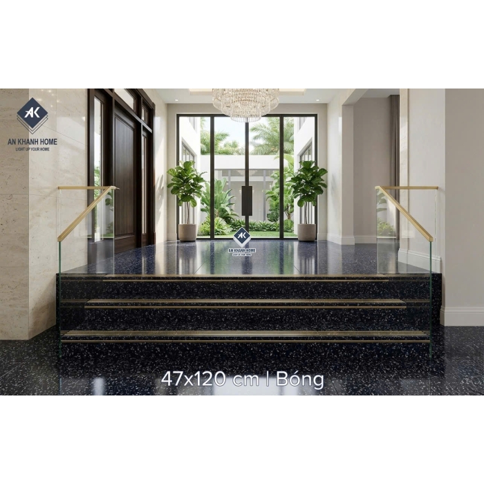 Gạch lát cầu thang 47x120 nhũ vàng giả vân đá đen hoa cương