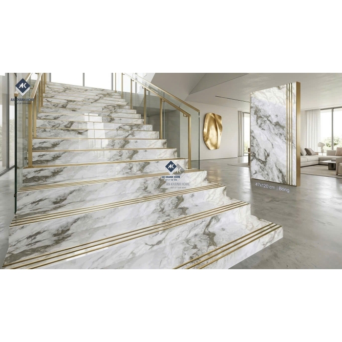 Gạch lát cầu thang 47x120 trắng vân đá marble nhũ vàng