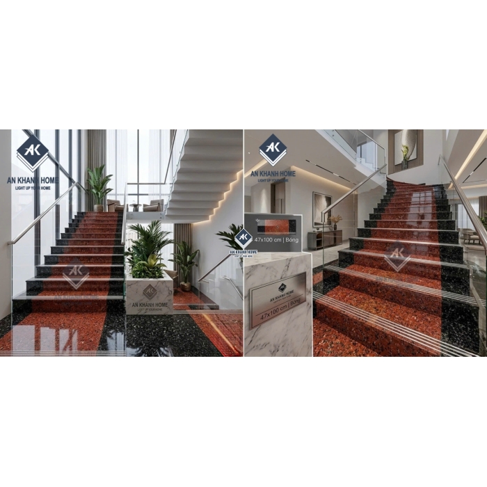 Gạch lát cầu thang giả vân đá hoa cương đỏ đen 47x100cm
