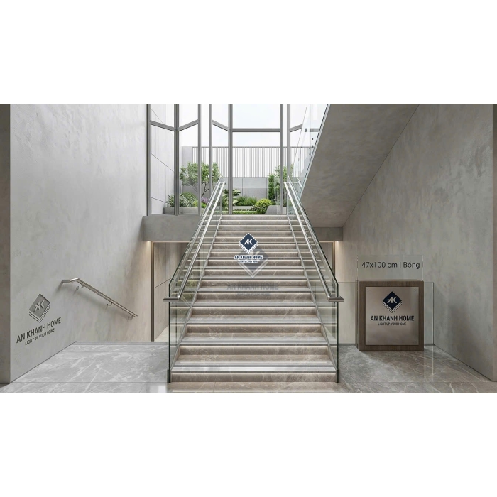 Gạch ốp lát cầu thang 47x100cm xám vân đá bề mặt bóng