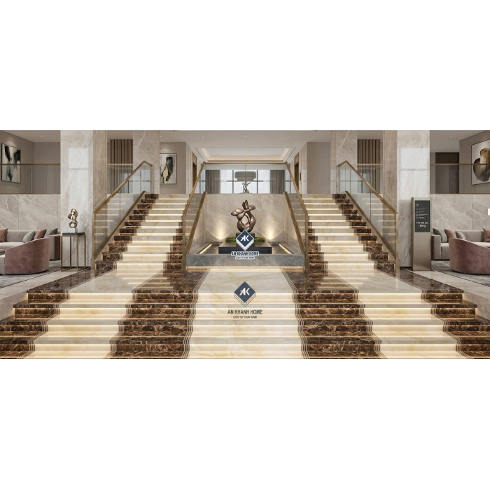 Gạch ốp lát bậc cầu thang 47x100cm vân đá vàng kem nâu đậm