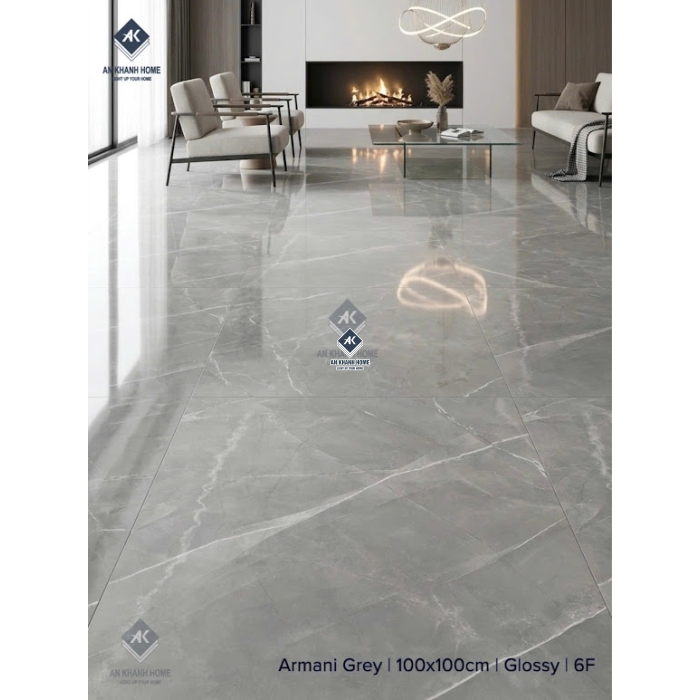 Gạch ấn độ 100x100 màu xám nhạt vân đá Armani Grey bề mặt bóng