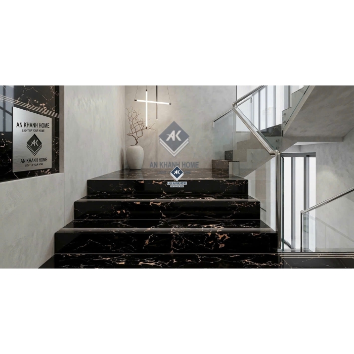 Gạch lát bậc cầu thang tam cấp 47x100cm đen vân vàng cam