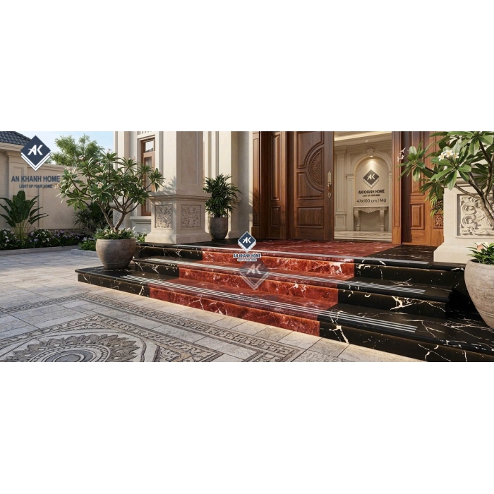 Gạch lát bậc cầu thang tam cấp 47x100cm vân đá đen đỏ phối trắng