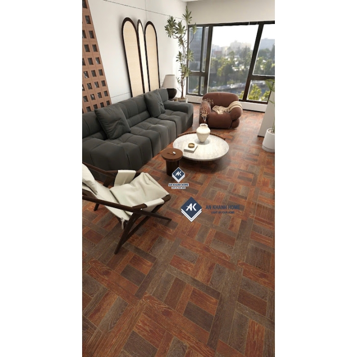 Gạch giả gỗ nâu óc chó 60x60 hoạ tiết ngang dọc               