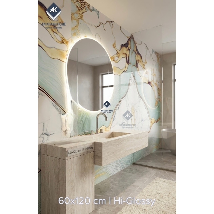 Gạch ốp lát ấn độ 60x120 vân đá xanh trắng nhũ vàng siêu bóng