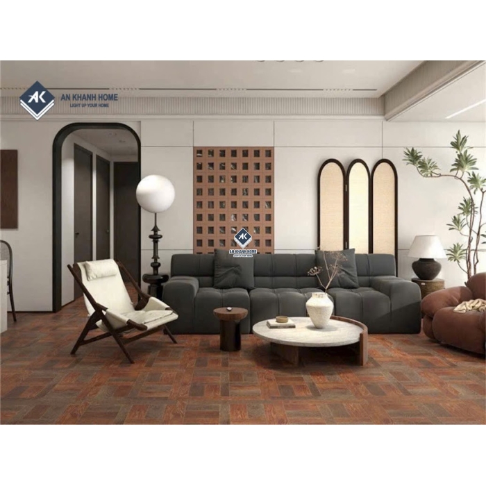 Gạch giả gỗ nâu óc chó 60x60 hoạ tiết ngang dọc               